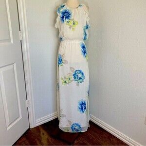 Old Navy Blue Green Floral Maxi Chiffon Sleeveless Ruffle Cut Out Dress SZ SP